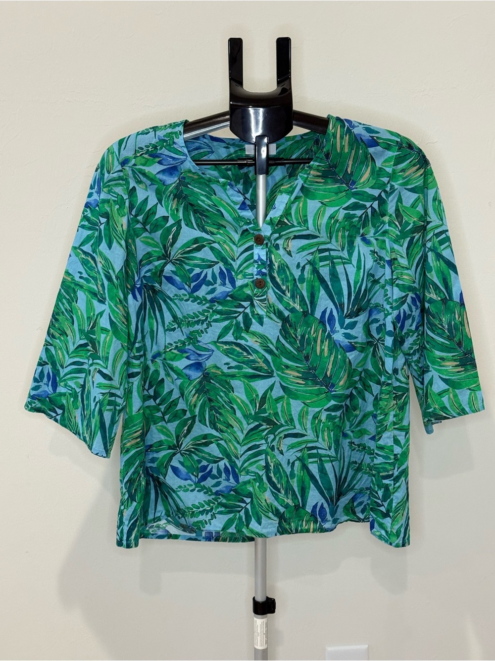 J. Jill Green and Blue Tropical Leaf Henley Tunic Top